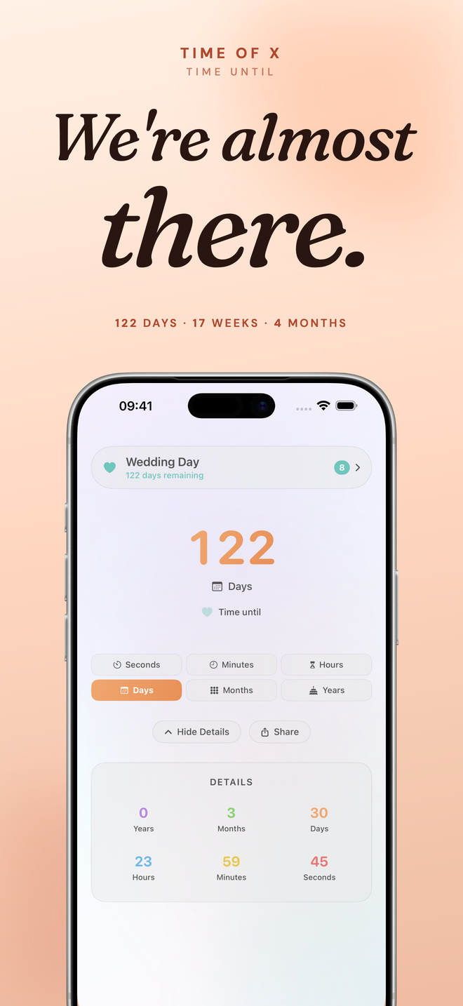 Time of X countdown screen showing days until a milestone